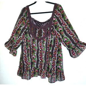 Crazy Angel Peasant Top 2X 3X Cottage Core Floral Sheer Lined BOHO Festival VTG